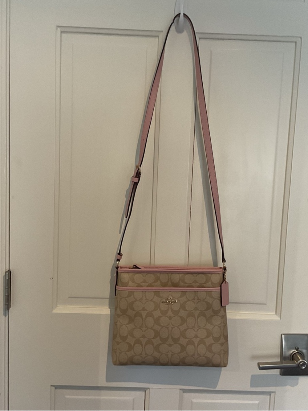 Coach Beige Signature Canvas Crossbody with Pink Trim - Picture 2 of 4